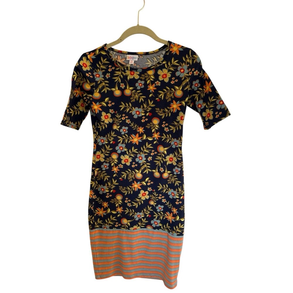 LuLaRoe Woman's Navy Orange Floral Striped JULIA Pencil Short Sleeve Dress Sz XS